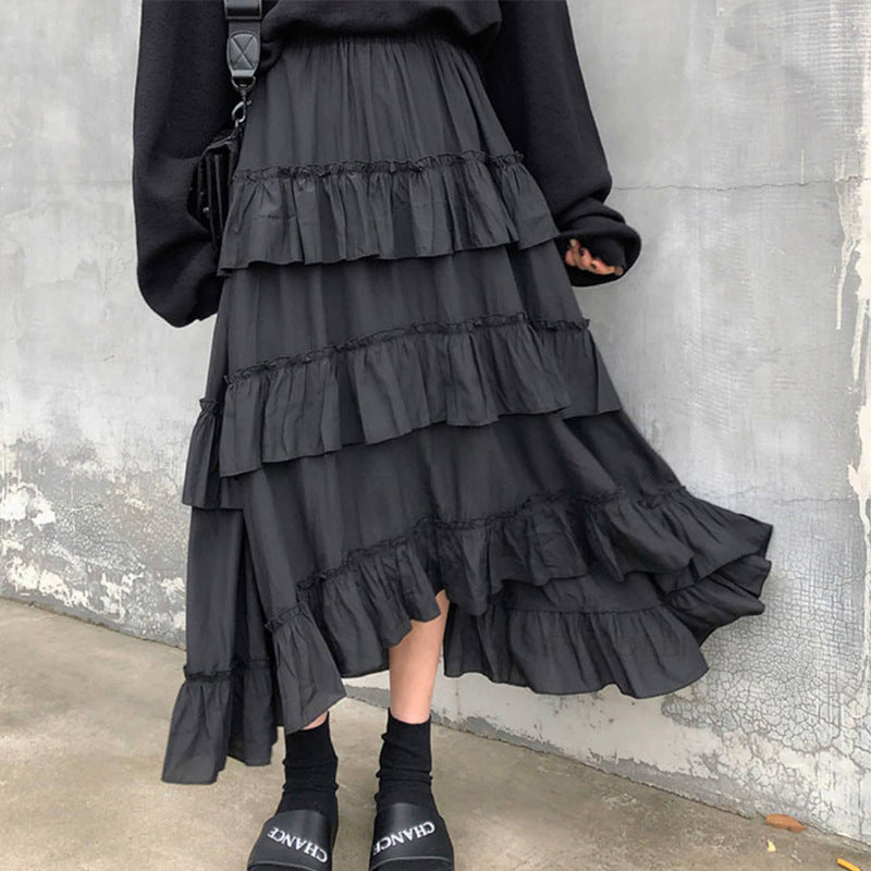 High Waist Layered Cake Skirt Irregular Short Front Long Back MIDI Long