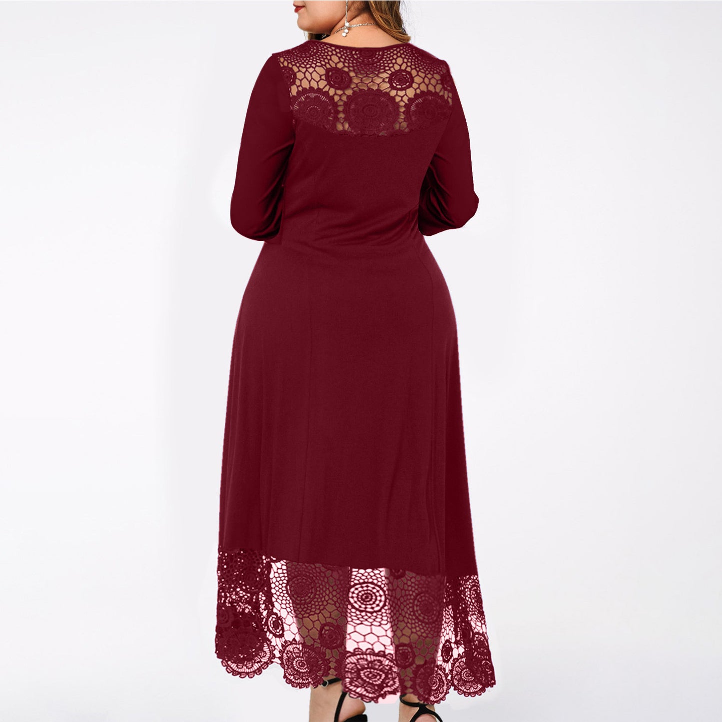 Women's Casual Round Neck Lace Stitching Irregular Hem Long Sleeve Dress