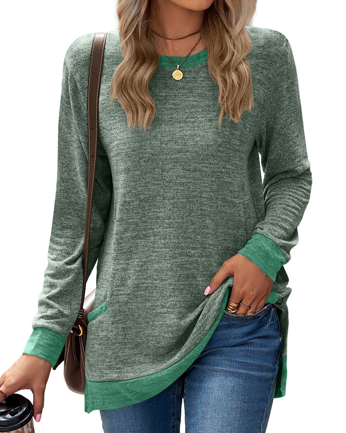 Round Neck Multicolor Pocket Long Sleeve Pullover Top Loose-fitting Casual T-shirt