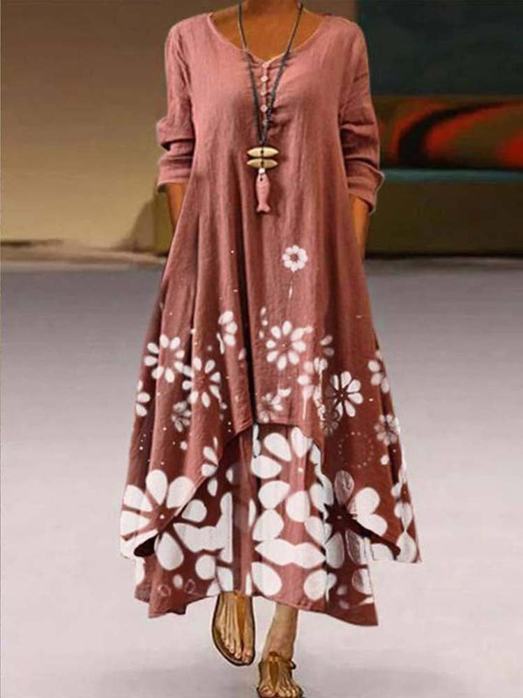 Printed Long-Sleeved Dress for Women with Irregular Hem Long Skirt