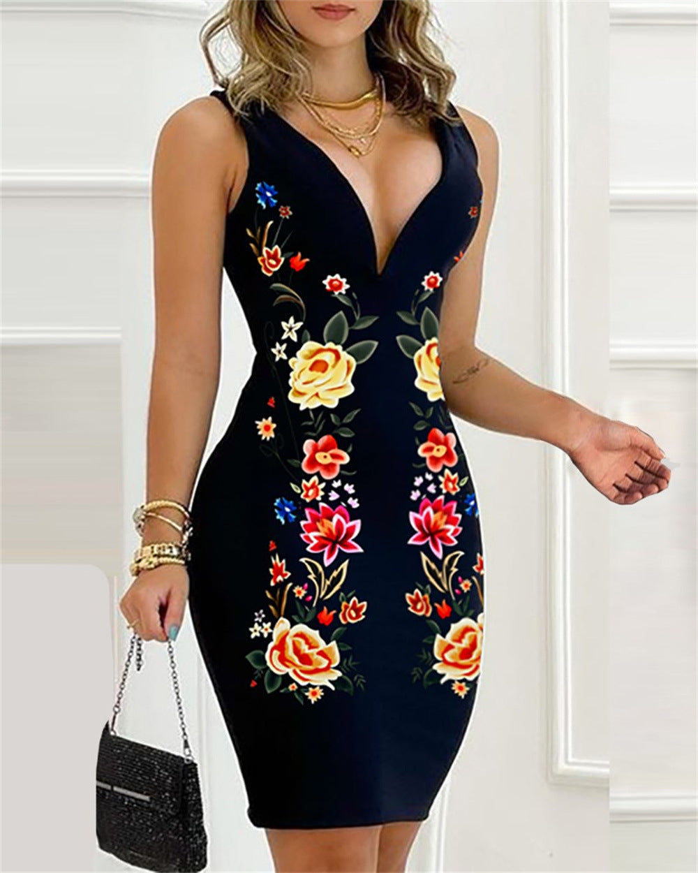 Women's Fashion V-Neck Sleeveless Slim Fit Printed Dress