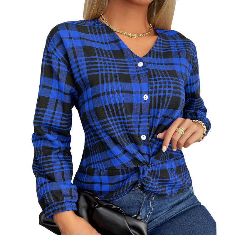 Women's V-Neck Plaid Long Sleeve Top Shirt