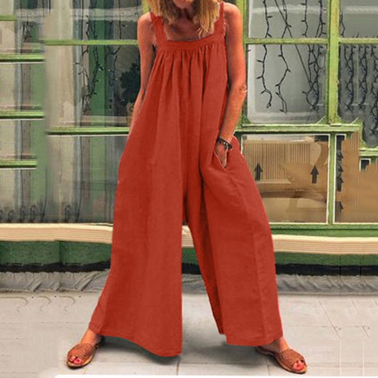 Ladies Cotton Linen Solid Color Bib Jumpsuit