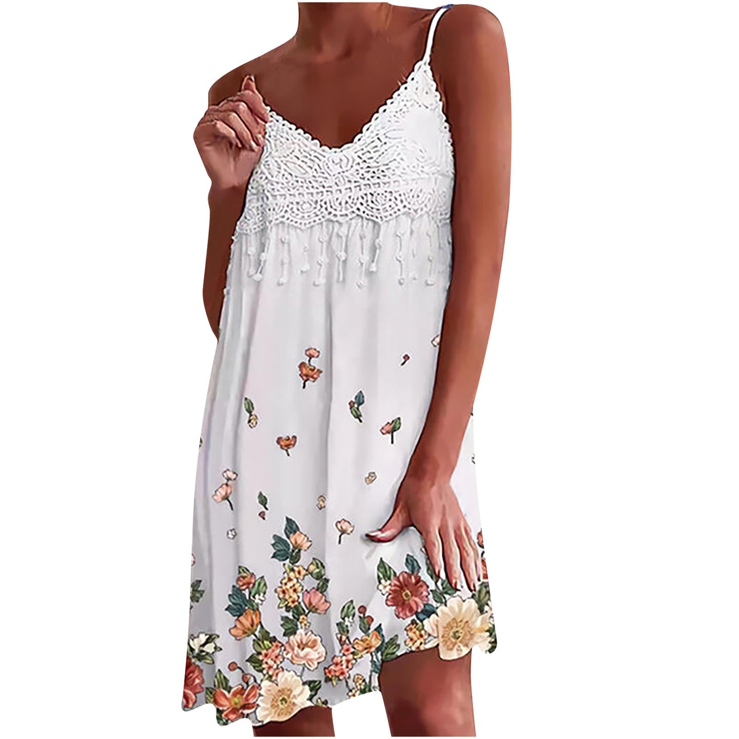 Sleeveless Slim Dress with Lace V-Neck, Digital Print, and Sling