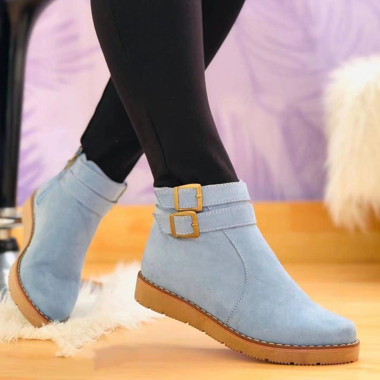 Flat Suede Low Barrel Metal Buckle Plus Size Women's Leather Boots