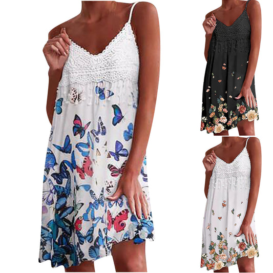 Sleeveless Slim Dress with Lace V-Neck, Digital Print, and Sling