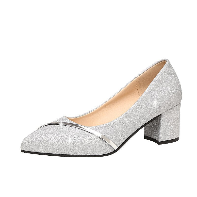 Pointed Toe Shallow Mouth Mid Heel Women's Sequin Shoes