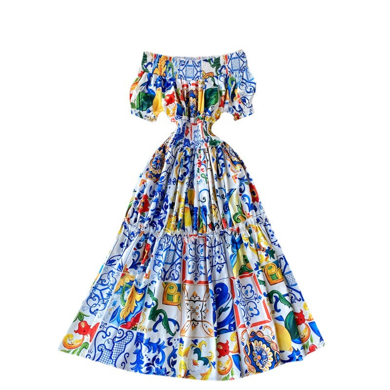 Printed One-line Neck Off-shoulder Bubble Sleeve Slim Mid-length Dress Female