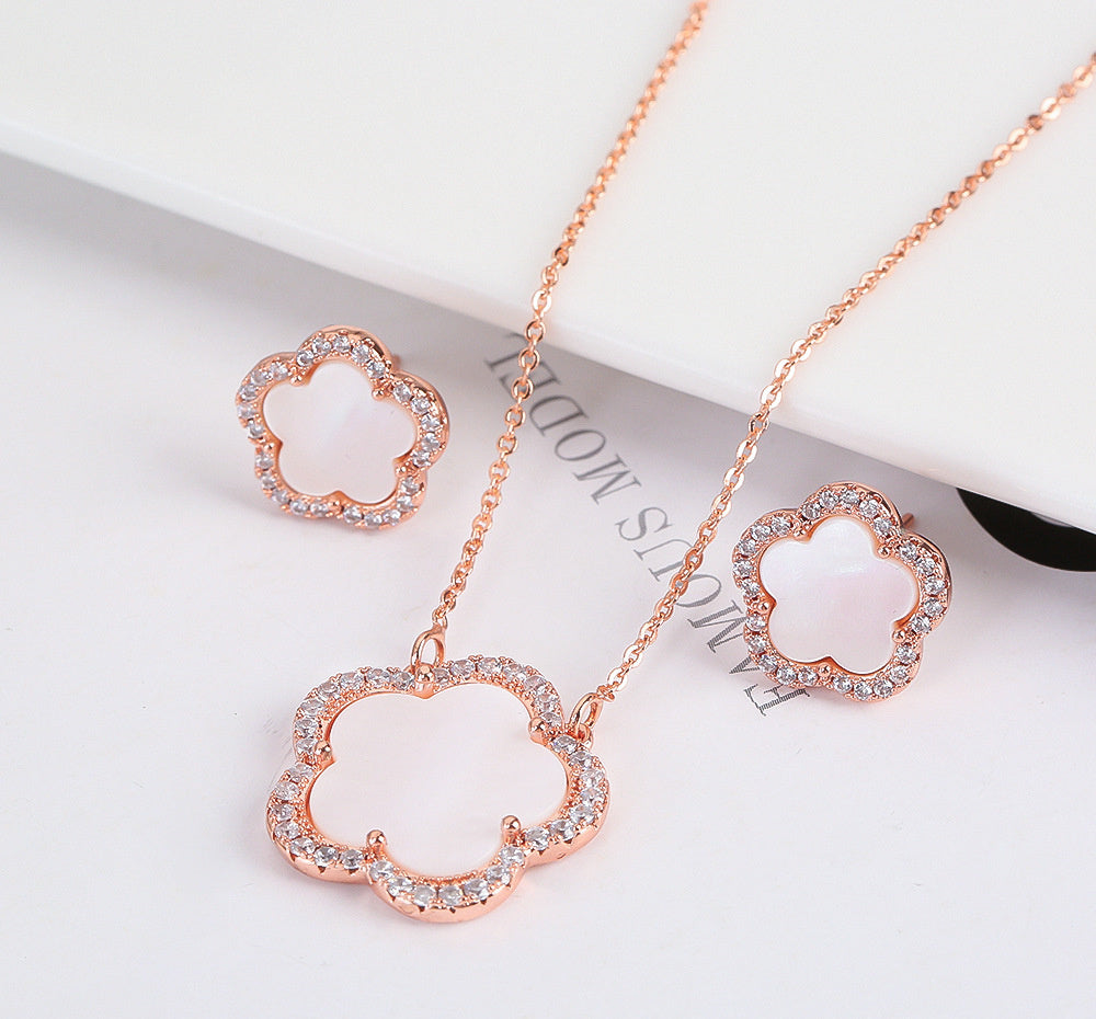 Three-piece Necklace Earrings Natural White Shell Copper Micro-Inlay
