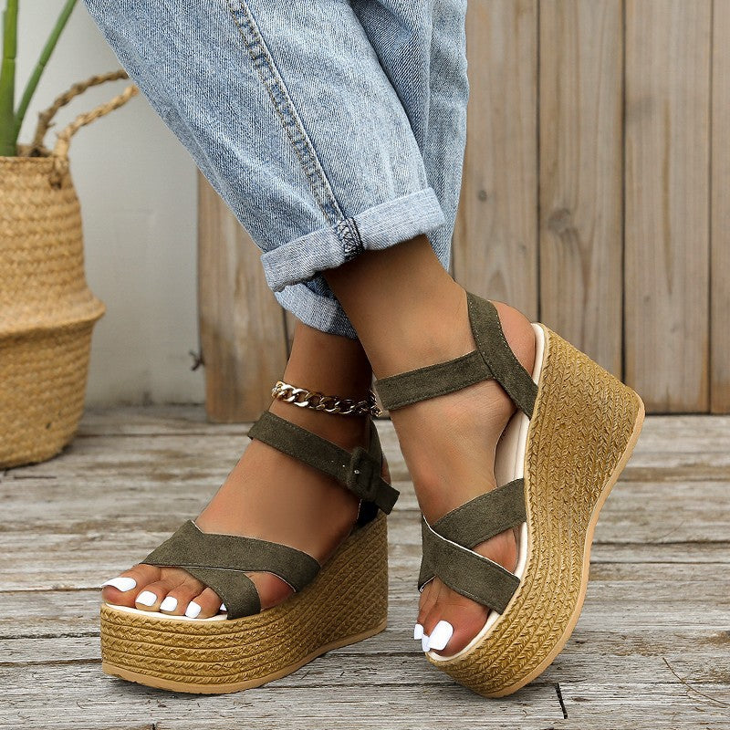 Summer Casual Non-Slip Wedge Sandals for Women: Cross-Strap Platform Shoes with Hemp Heels