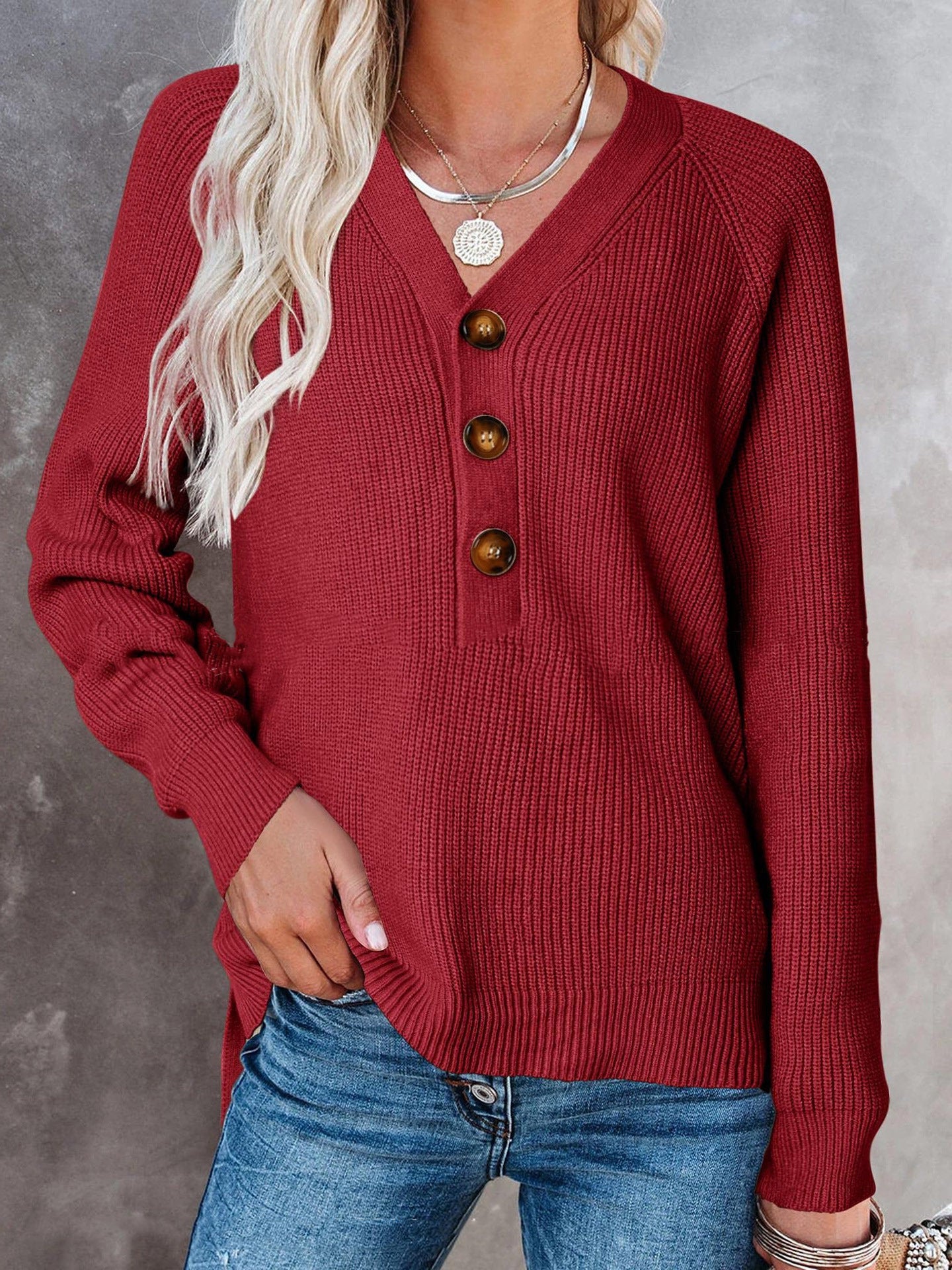 New Button New Knitted V-neck Sweater Women