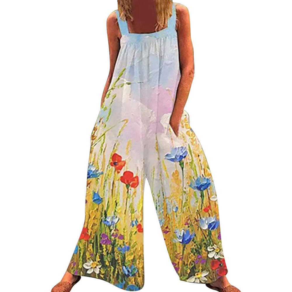 Women's Sleeveless Printed Sling Loose Casual Jumpsuit