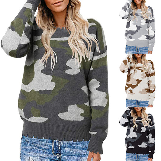 Women's Fashion Camouflage Sweater with Simple Cut and Tear Design