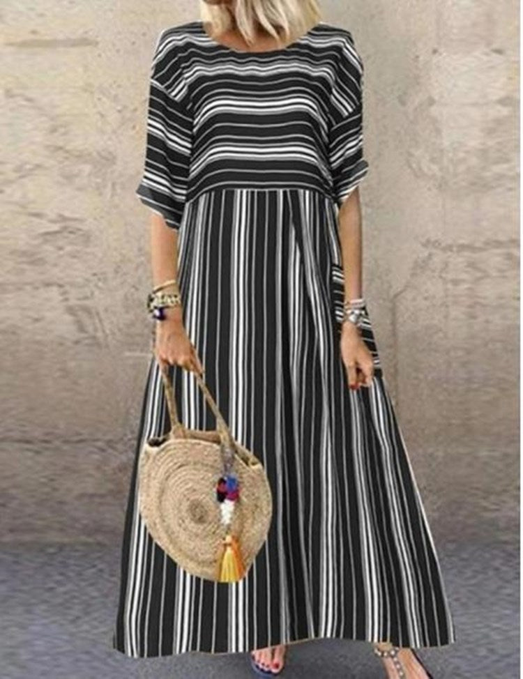 Striped Mid-Waist Dress with Mid-Sleeve Fishtail Cotton High-Waist Long Skirt