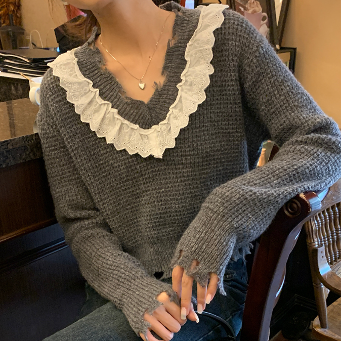 Spliced Wooden Ear Neck Waffle Sweater Women's V-neck Tassel Knitted Short Top