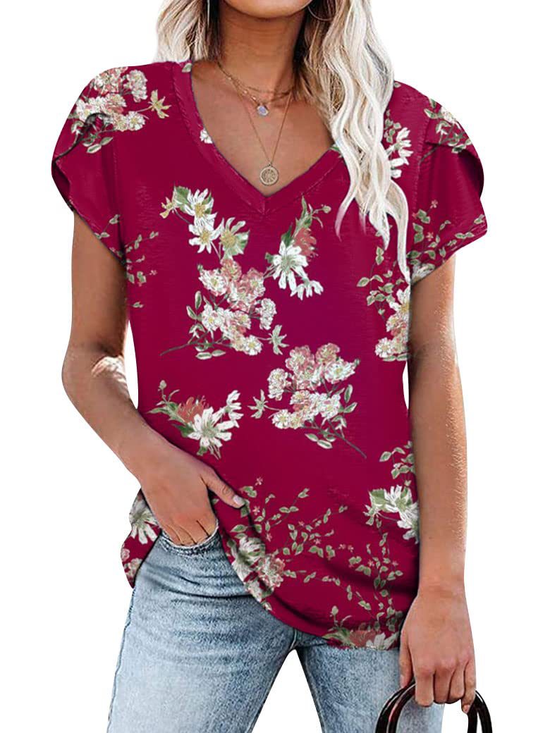 Loose Women's T-Shirt with V-Neck and Tie-Dyed Floral Pattern
