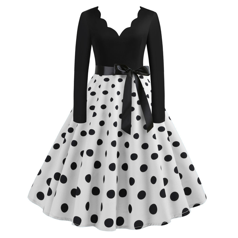 Women's Fashion Casual V-neck Polka Dot Long Sleeve Printed Dress