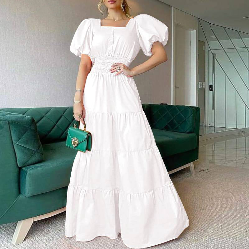 Square Neck Bubble Sleeve Long Skirt Dress