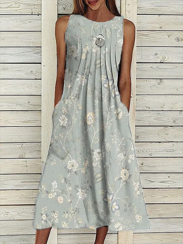 Casual Floral Round Neck Long Pocket Dress