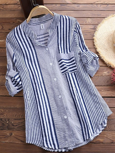 Women's Long Sleeve Loose Oversized Pullover Striped Shirt