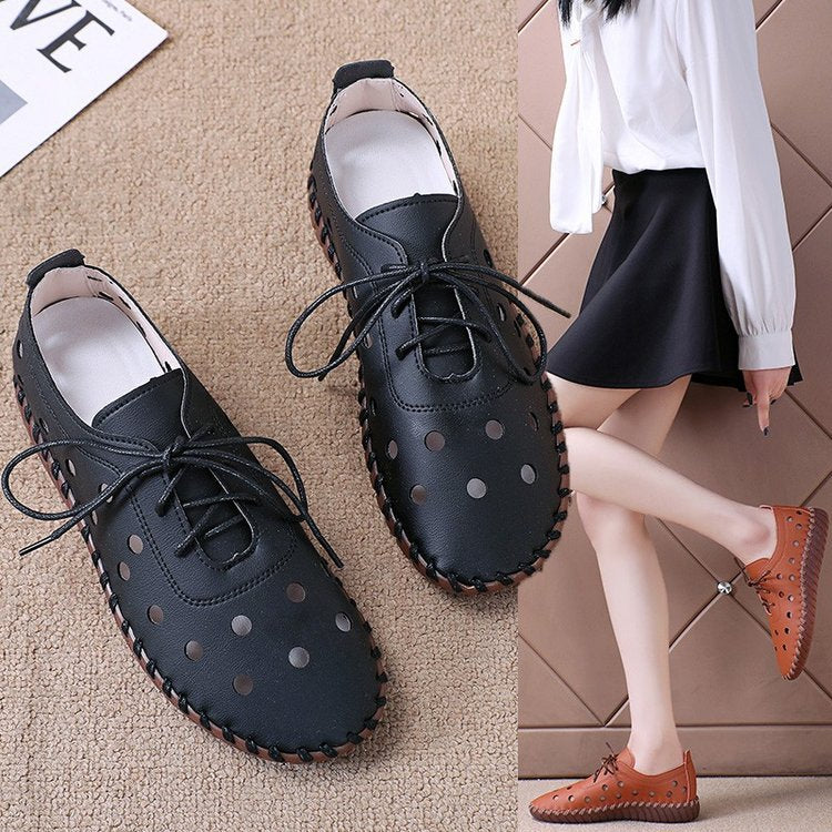 Women Flat Shoes Breathable Hollow Out Lace-up Loafers