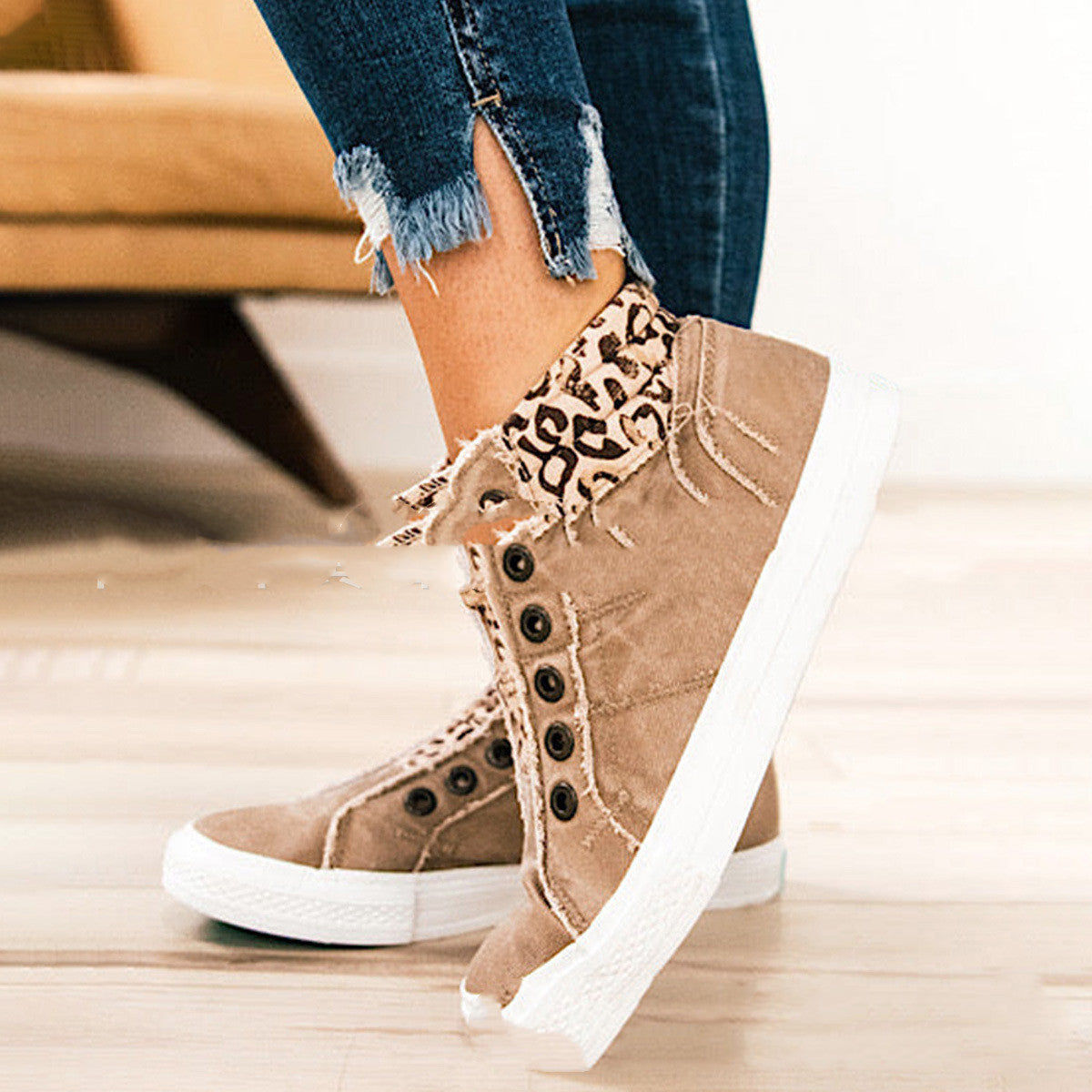 All-match Short Boots Women's Lace-up Deep Mouth Leopard Print Flat Bottom