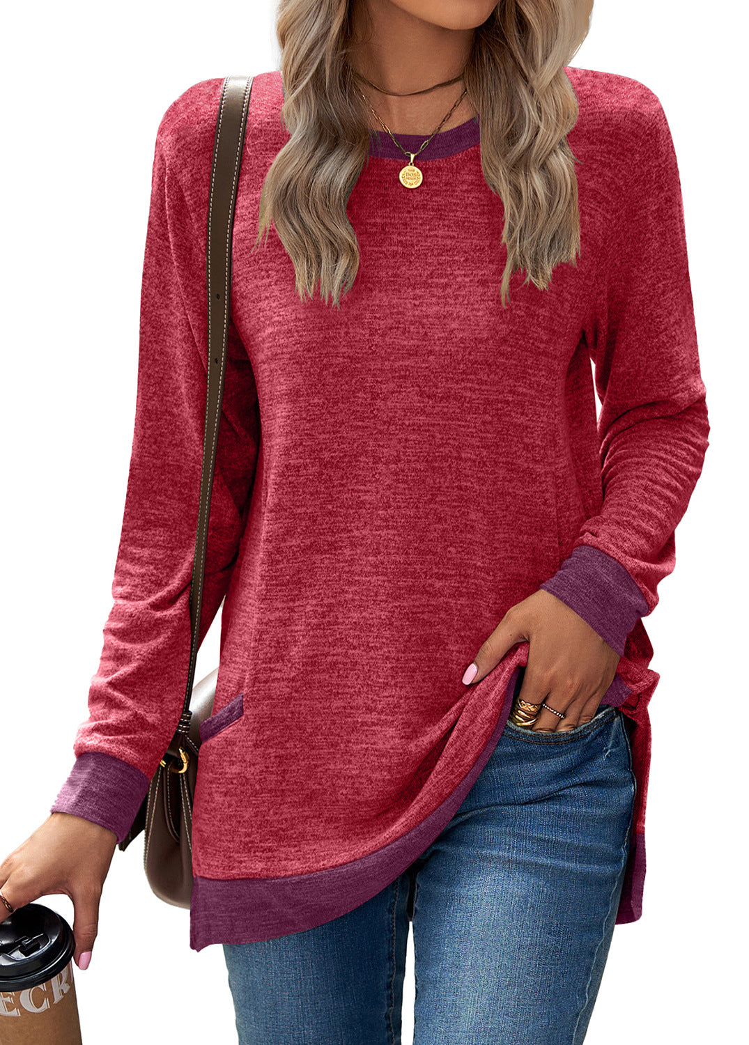 Round Neck Multicolor Pocket Long Sleeve Pullover Top Loose-fitting Casual T-shirt