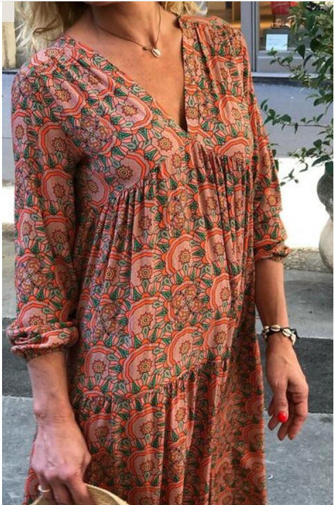 Vintage Print V-Neck Long Sleeve Loose Dress for Women