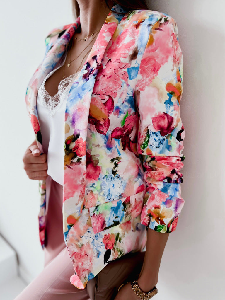 Floral Digital Printing Long Sleeve Lapel Women's Slim Fit Jacket