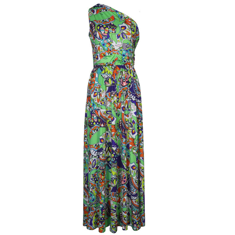 Printed One Shoulder Sleeve Boho Maxi Dress Women's