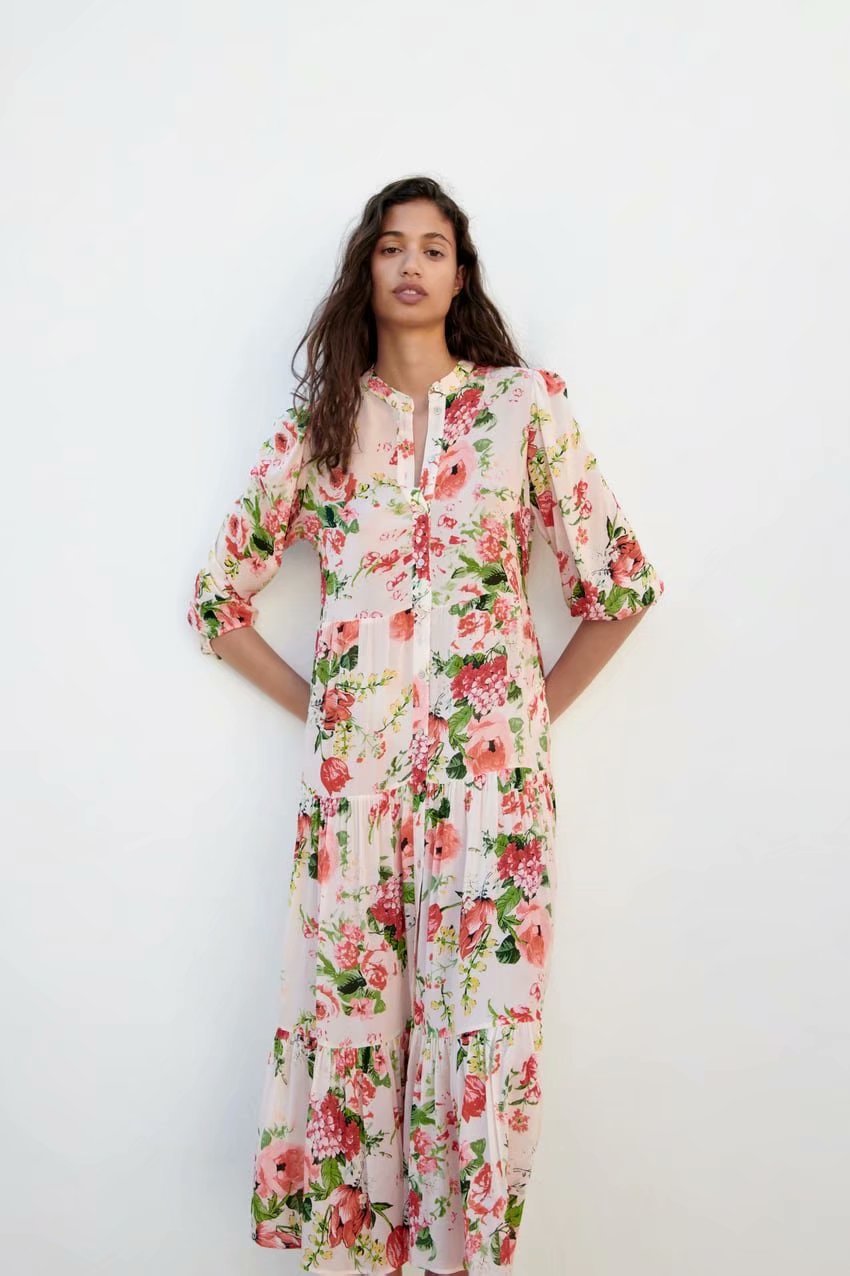 Single-Breasted Dress with Long Sleeves and Floral Print for Women