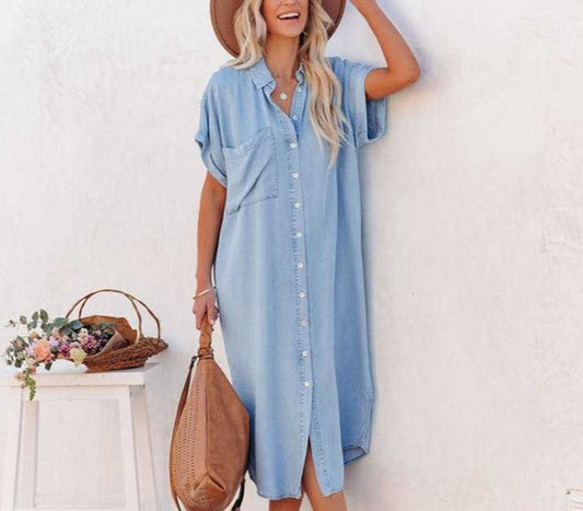 Women's Solid Denim Short Sleeve Slit Dress