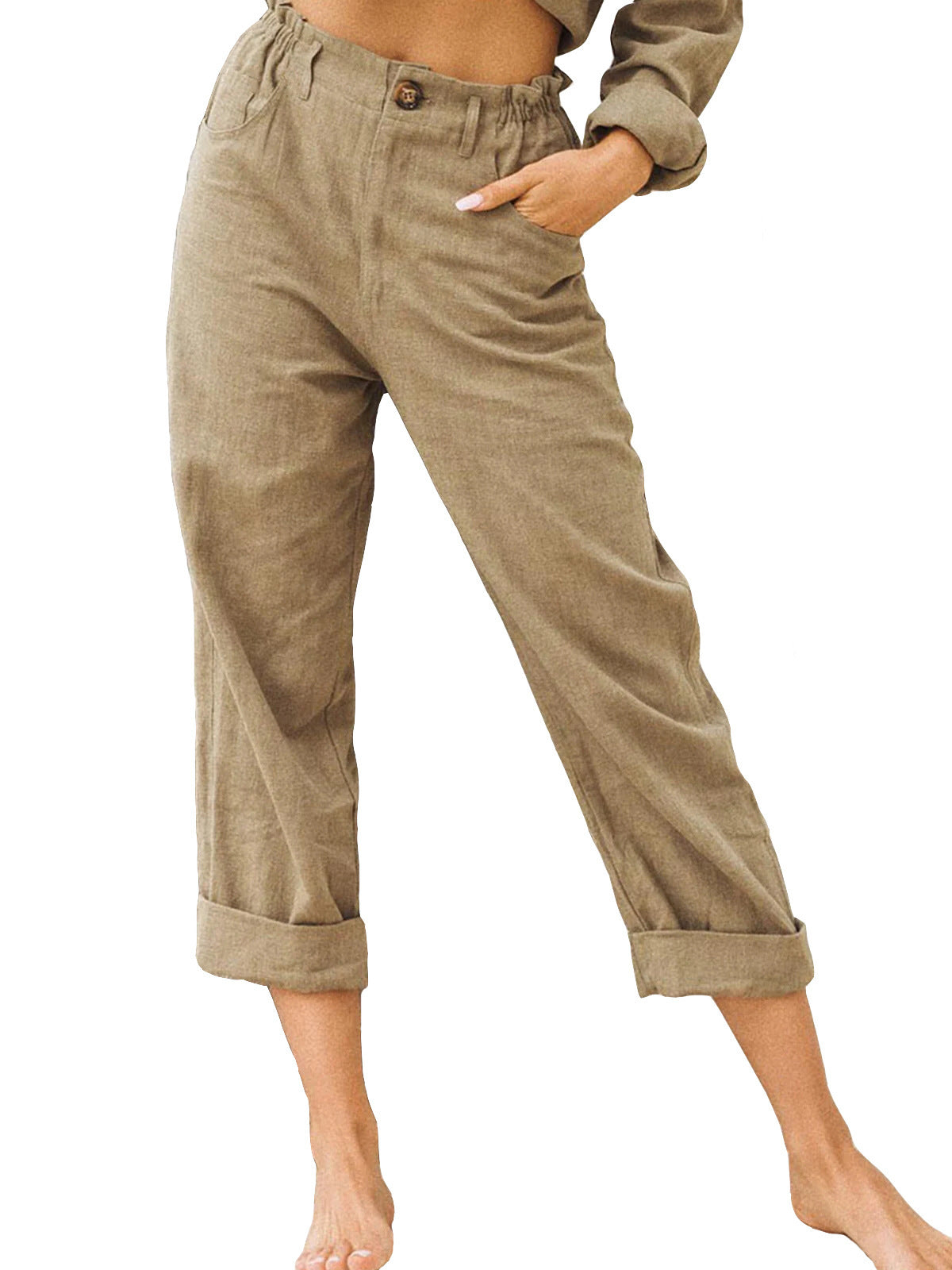 Women's Cotton Linen Patchwork Pants with Drawstring Waist and Loose Casual Fit