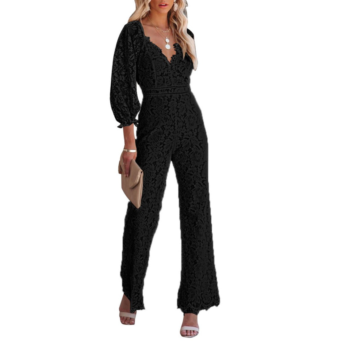 Deep V Lace Lantern Sleeve Off Shoulder Temperament Jumpsuit