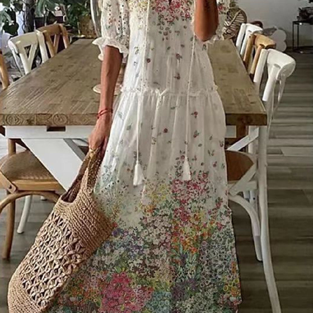 Women's Long Dress with Medium-Length Sleeves and Printed Design