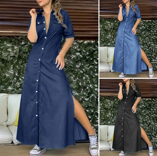 Plus Size Long Denim Dress for Women in Solid Color with Button Detail