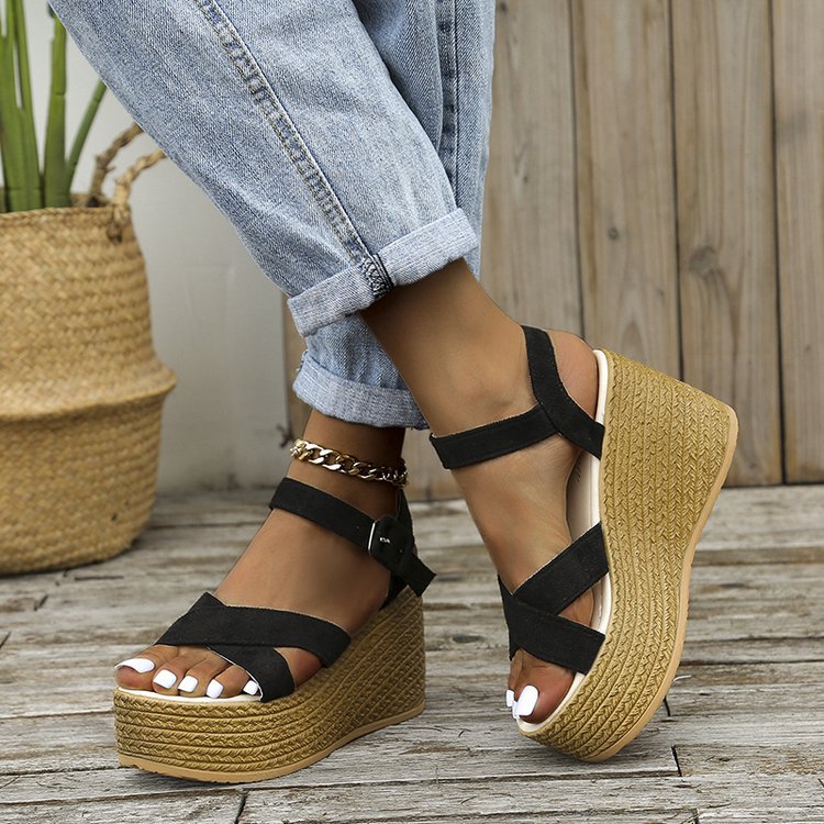 Summer Casual Non-Slip Wedge Sandals for Women: Cross-Strap Platform Shoes with Hemp Heels