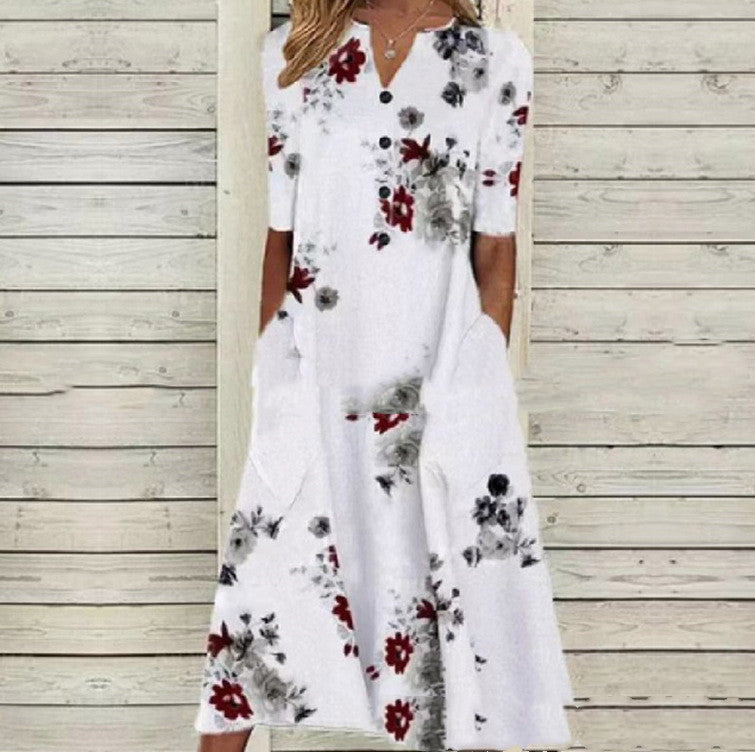 Printed Pocket V-Neck Loose Casual Long Dress for Women