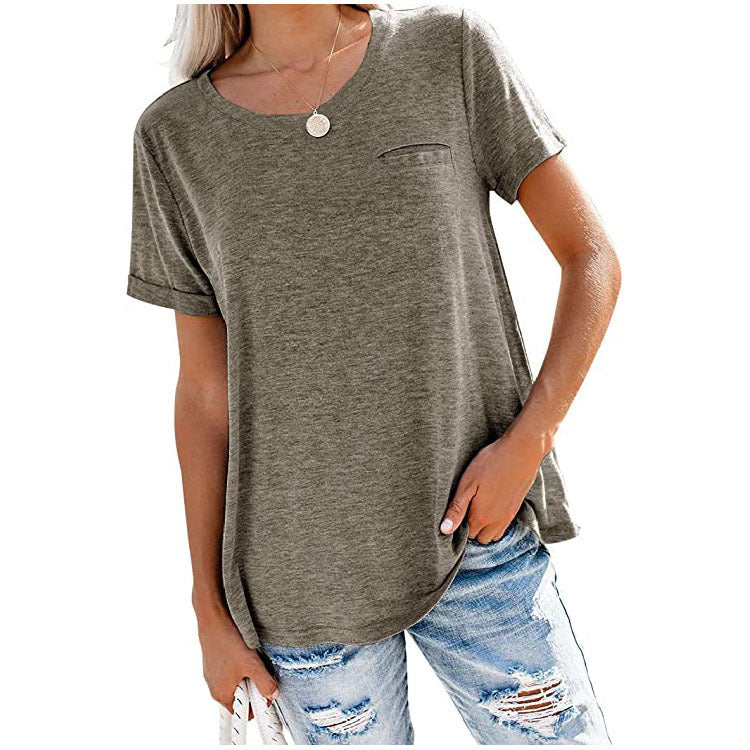 Multicolor Round Neck Short-Sleeved T-Shirt with Loose Fit and Pocket