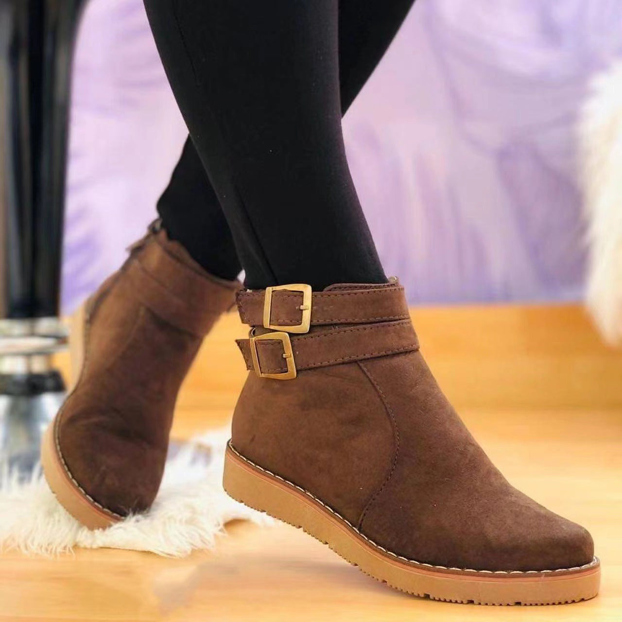 Flat Suede Low Barrel Metal Buckle Plus Size Women's Leather Boots