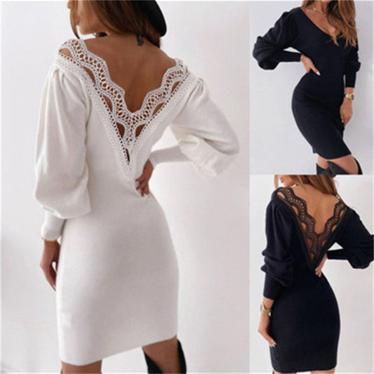 Women's Hollow Lace V-neck Solid Color Waist Dress