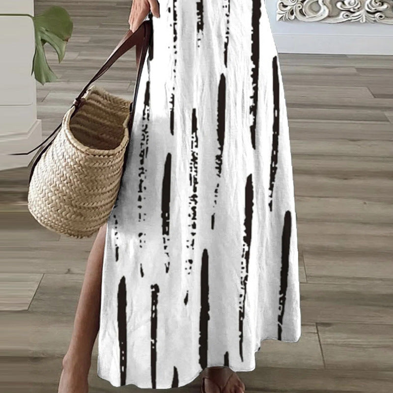 Women's Printed Short Sleeve Long Dress Slit V-Neck