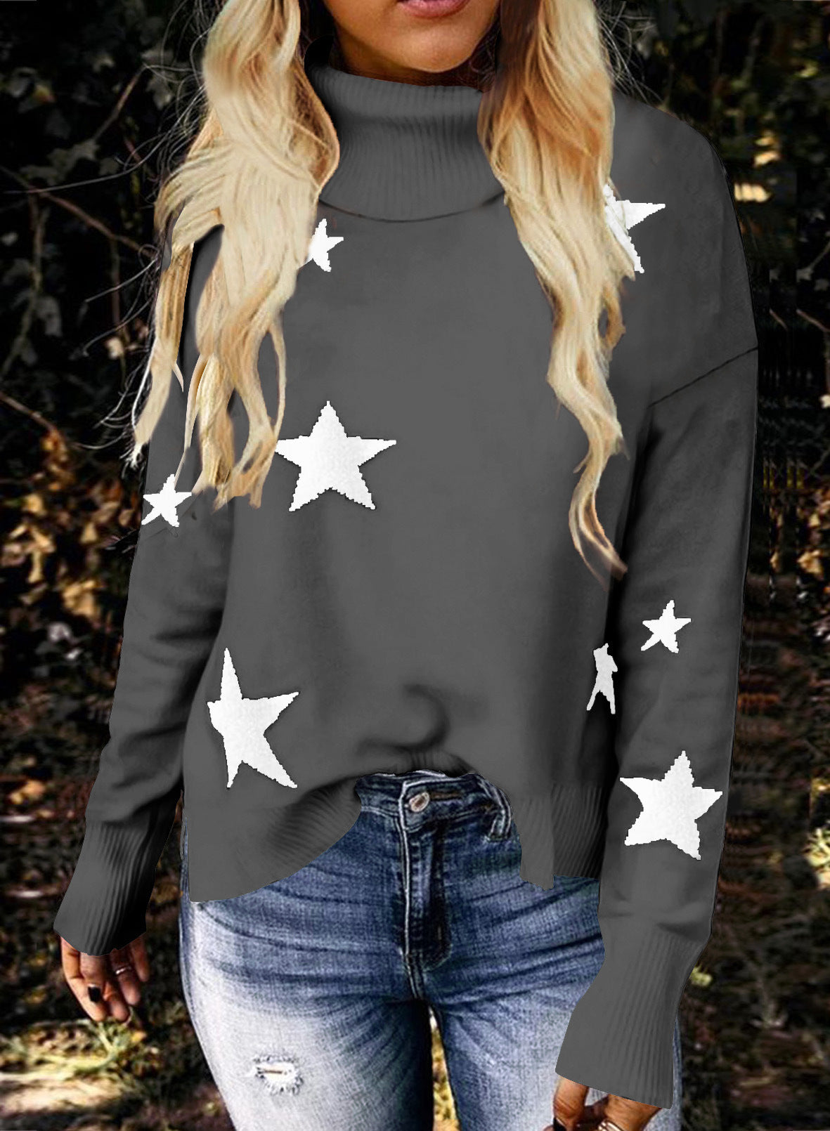 Women's Turtleneck Knitted Sweater with Pattern, Long Sleeves, and Pullover Style