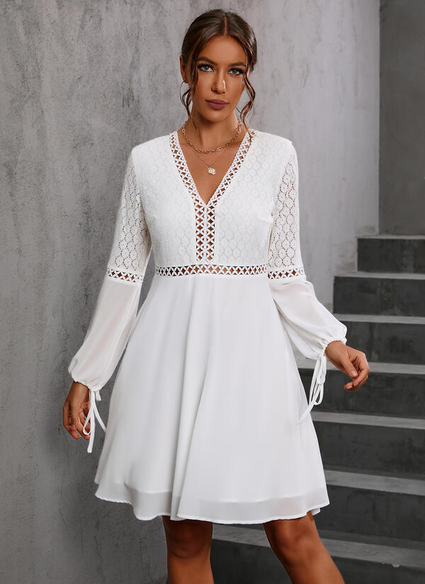 V-neck Long Sleeve Lace Stitching Dress