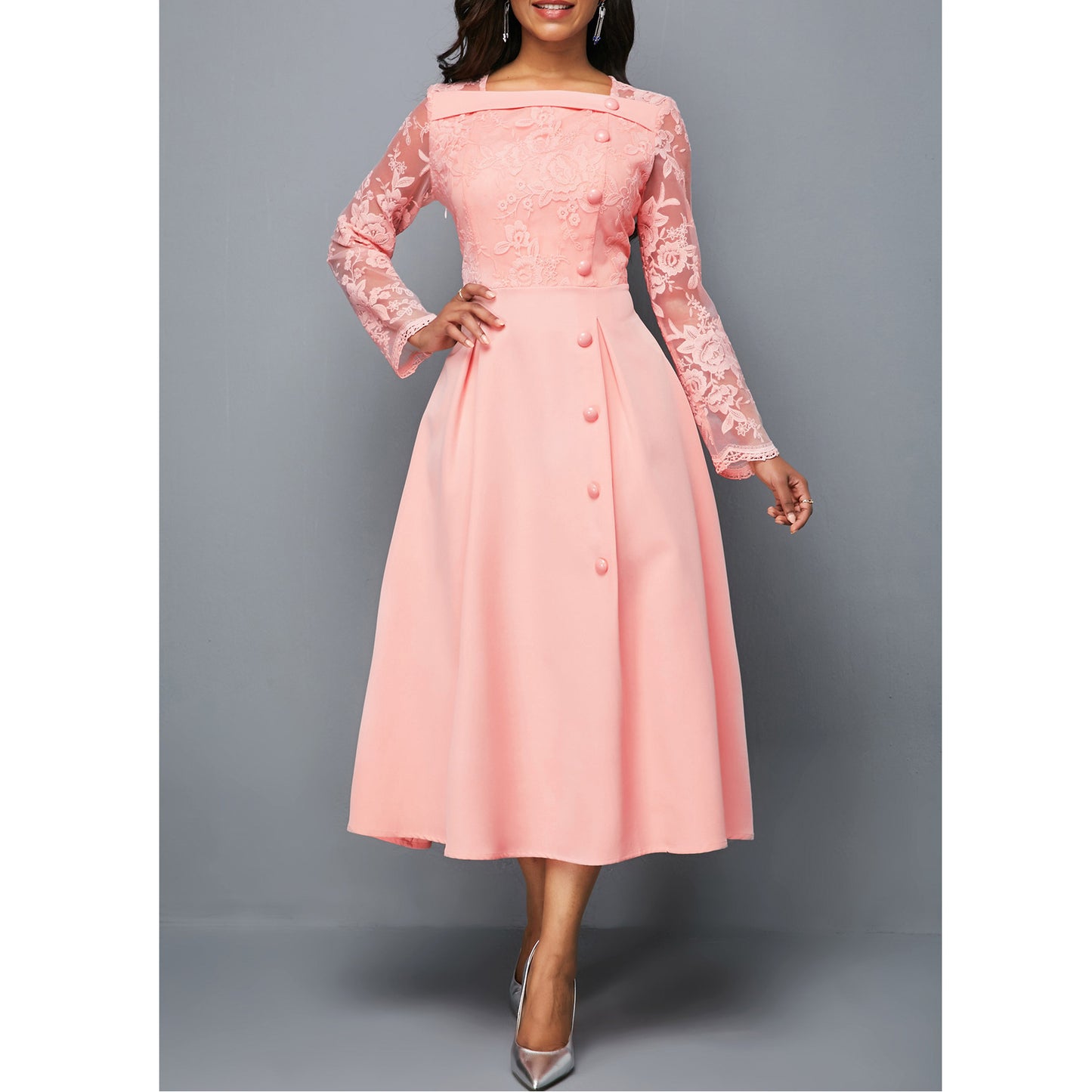 Fashionable Round Neck Lace Women's Dress High Waist Long Sleeves Printed Mid-length Dress