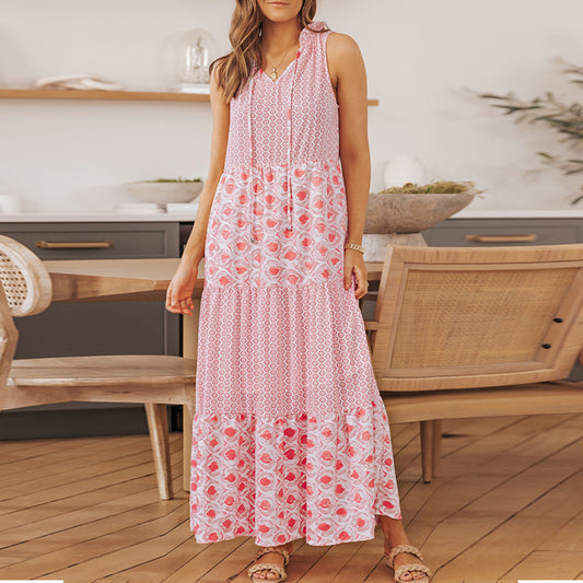 Summer Sleeveless Maxi Dress New Backless Geometric Pattern Patchwork Printed Dress