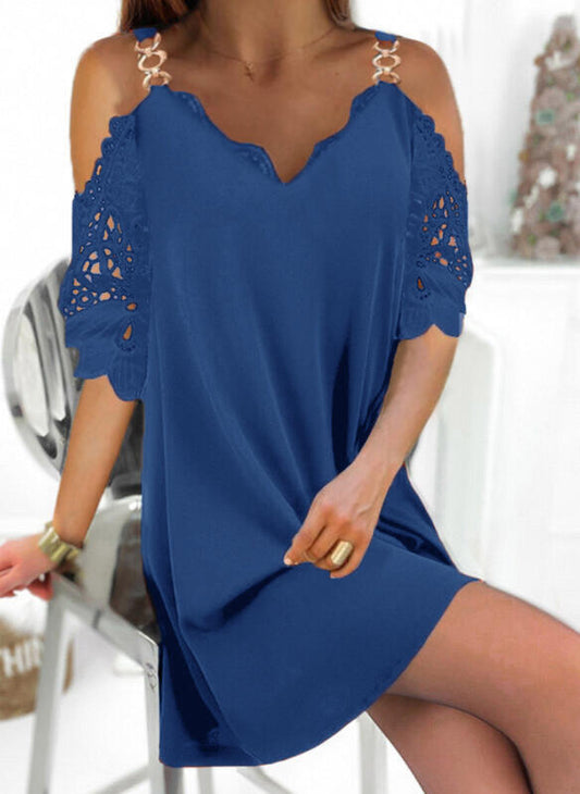 Solid Lace Three-quarter Sleeve Straight V-Neck Dress