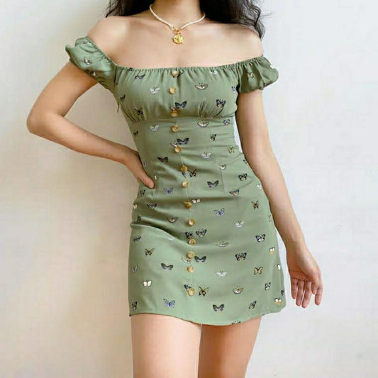 Printed Square Neck, Waist Up, Thin, Single Breasted, A-line Short Sleeve Dress Short Skirt