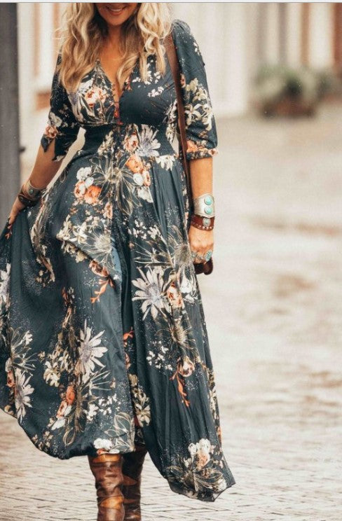 Bohemian Print V-Neck Dress with Button Detail and Three-Quarter Sleeves