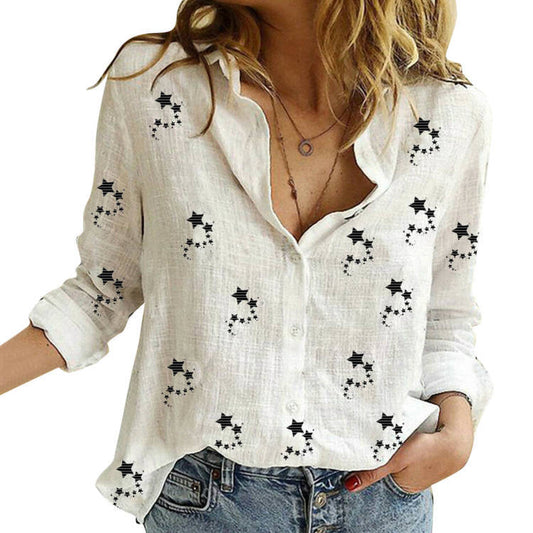 New Little Star Cotton Linen Print Shirt Women's